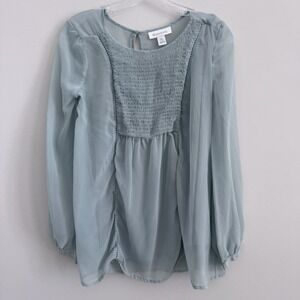 Women's Motherhood Maternity Blouse Size S Smocked Chiffon Sage Long Sleeve
